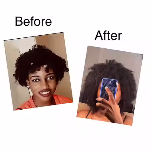Side-by-side comparison showing a person’s hair before using Nouvel Ayurvedic Hair Butter—thin, dry, with visible breakage—a