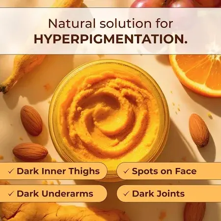 Nouvel Turmeric & Kojic Acid Scrub in a jar with golden-yellow formula, surrounded by turmeric roots, lemons, and honey