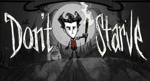 Screenshot of the game 'Don't Starve' with the main character in the center, holding a lit torch.