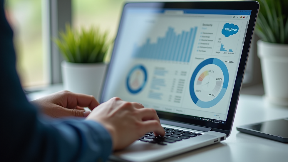 Close-up view of a professional working on Salesforce dashboard on a laptop