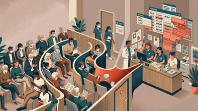 Isometrische Illustration eines überfüllten, hektischen Wartezimmers in einer medizinischen Praxis. Eine große Anzahl von Patienten aller Altersgruppen, die meisten mit Gesichtsmasken und vertieft in Smartphones oder Zeitschriften, füllt die gewundenen Wartelinien und Sitzbereiche vollständig aus. Im Hintergrund, am Empfangsschalter, arbeitet das medizinische Personal – Ärzte und Pfleger – unter sichtlich hohem Druck. Zwei Mitarbeiterinnen telefonieren und dokumentieren gleichzeitig, ein Arzt gestikuliert gestresst in Richtung eines überfüllten Terminplans auf mehreren Bildschirmen an der Wand. Der digitale Terminplan zeigt unzählige Einträge, durchgestrichene Namen und blinkende rote Warnhinweise mit dem Text ‚TERMIN‘, ‚WARNUNG‘ und ‚TERN‘, was auf ein logistisches Chaos und Überlastung hinweist.