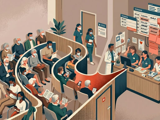 Isometrische Illustration eines überfüllten, hektischen Wartezimmers in einer medizinischen Praxis. Eine große Anzahl von Patienten aller Altersgruppen, die meisten mit Gesichtsmasken und vertieft in Smartphones oder Zeitschriften, füllt die gewundenen Wartelinien und Sitzbereiche vollständig aus. Im Hintergrund, am Empfangsschalter, arbeitet das medizinische Personal – Ärzte und Pfleger – unter sichtlich hohem Druck. Zwei Mitarbeiterinnen telefonieren und dokumentieren gleichzeitig, ein Arzt gestikuliert gestresst in Richtung eines überfüllten Terminplans auf mehreren Bildschirmen an der Wand. Der digitale Terminplan zeigt unzählige Einträge, durchgestrichene Namen und blinkende rote Warnhinweise mit dem Text ‚TERMIN‘, ‚WARNUNG‘ und ‚TERN‘, was auf ein logistisches Chaos und Überlastung hinweist.