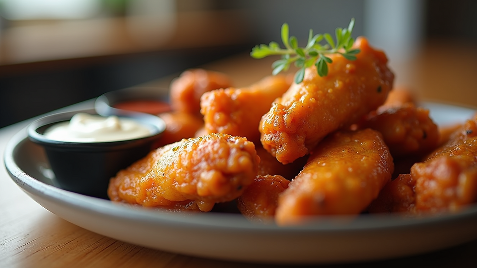 Eye-level view of a plate of hot wings with different sauces on the side