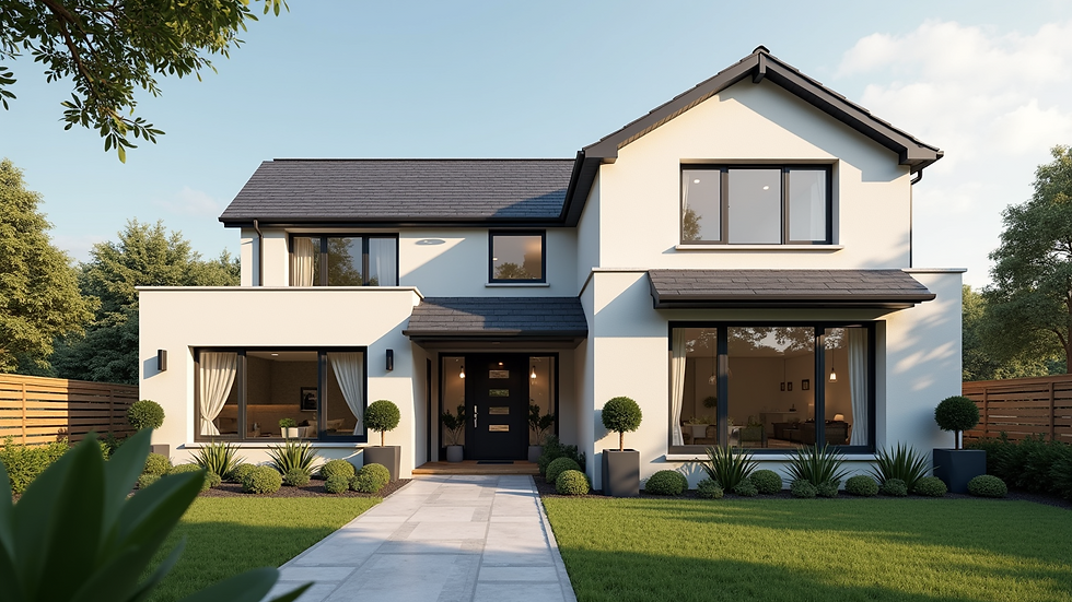 Eye-level view of a modern new build home exterior with fresh landscaping