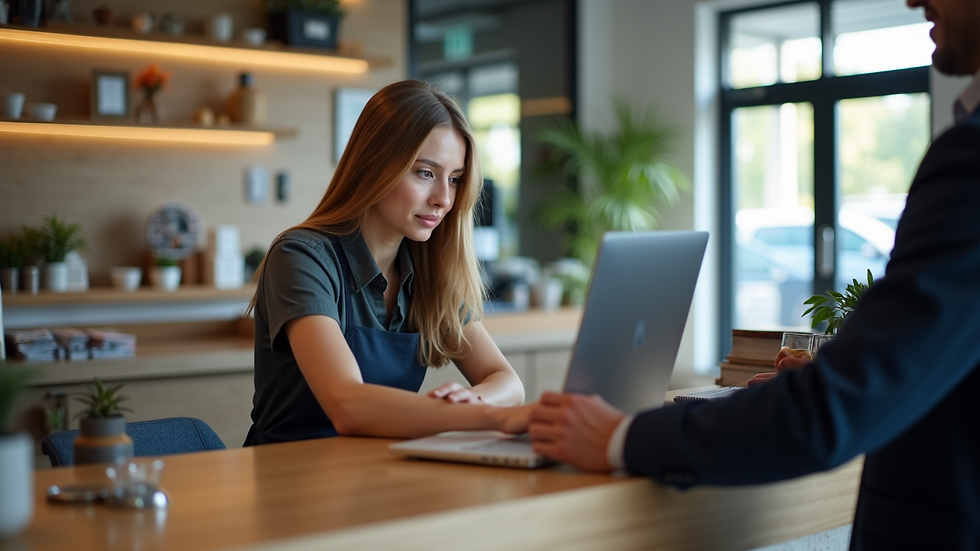 Close-up view of a customer service representative helping a customer