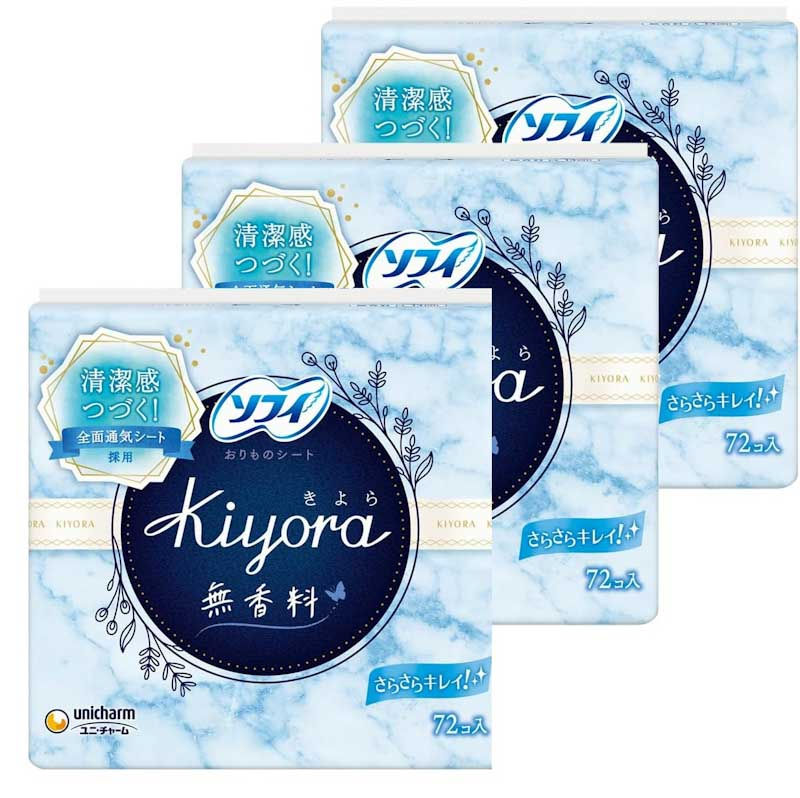 Sofy Kiyora Panty Liners, Unscented – 72 Sheets × 3 Packs (Total 216 Sheets) | Uni Charm
