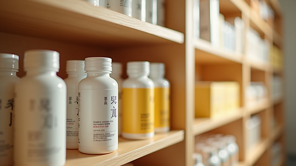 Eye-level view of a shelf filled with Japanese collagen supplement bottles