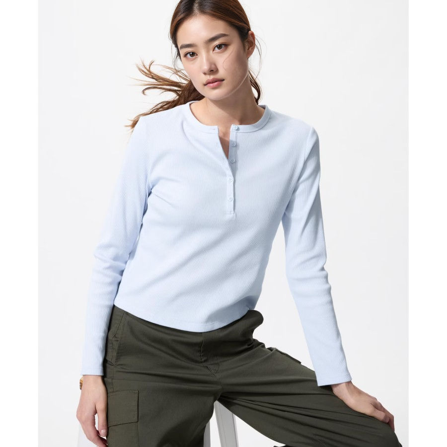 UniQlo Ribbed Henley Neck T-Shirt / Long Sleeve – 487908