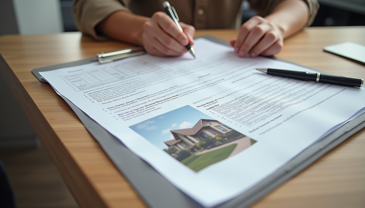 High angle view of a home inspection report with photos and notes on a table
