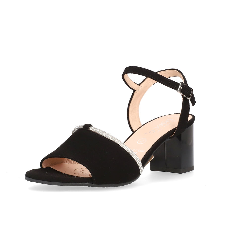 Bioeco Leyla black suede occasion sandal with sparkling rhinestone detailing and ankle strap.
