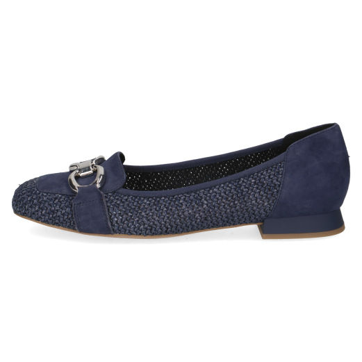 Side view of Caprice Louise ballet pump in navy blue showing woven upper and low block heel
