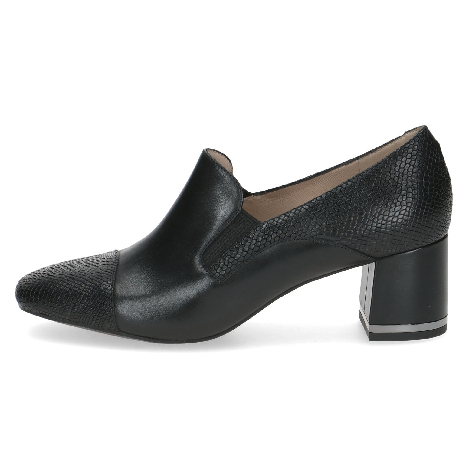 Caprice Felina heeled loafer in black & reptile print leather