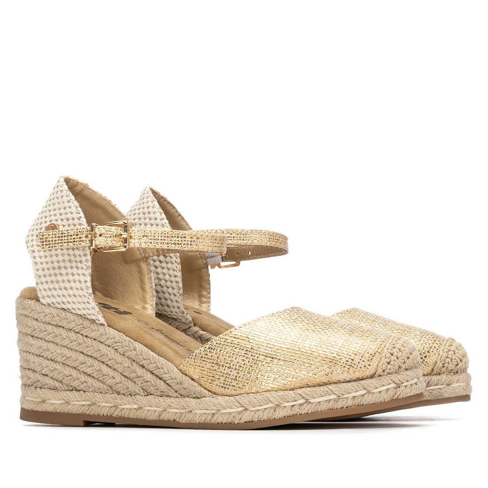 Thumbnail: Pair of Xti Majorca gold wedge sandals with woven espadrille platform and buckle ankle straps