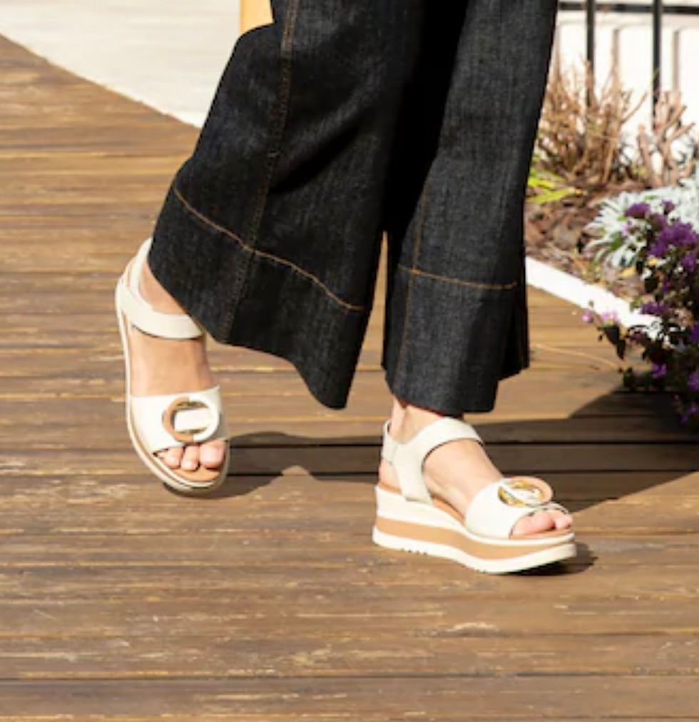 Oh! My Sandals Tiare off white leather comfort wedge sandals worn with dark denim trousers