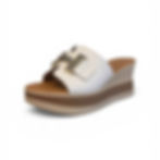 Three-quarter front view of the Rocio sandal by Oh! my sandals showing gold hardware detail on white leather strap
