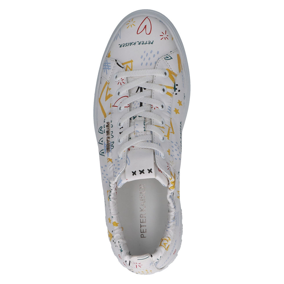 Thumbnail: Top view of Peter Kaiser Rimini sneaker in white graffiti leather with elasticated lace for easy on and off