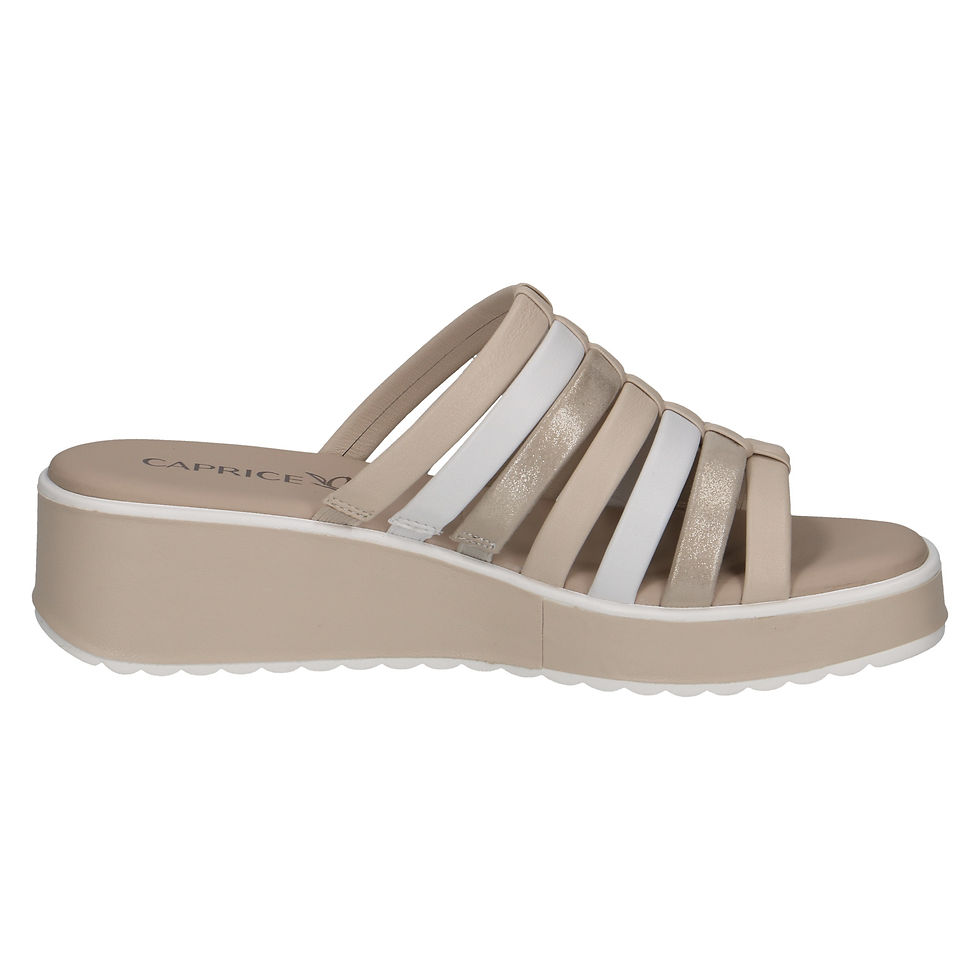 Thumbnail: Caprice Eileen slip on comfort sandal in light gold and white leather