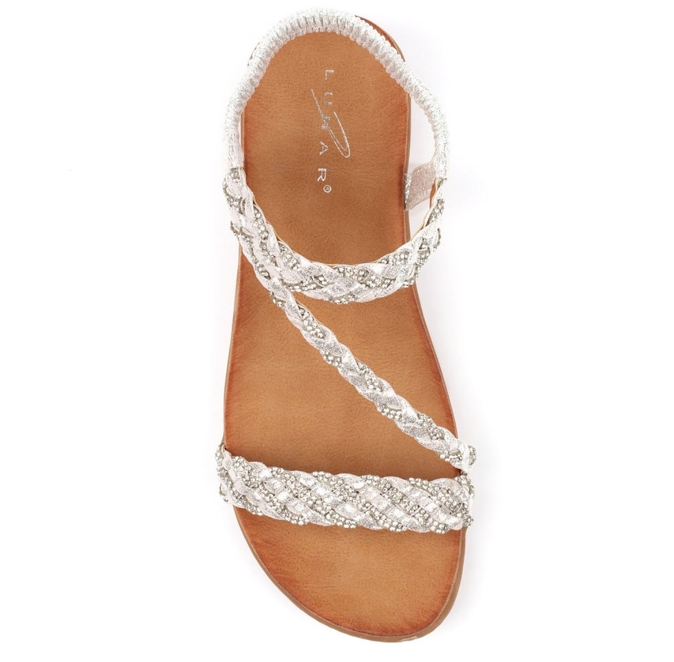 Thumbnail: Top view of Lunar Olivia silver sandal with braided metallic straps and elasticated heel strap