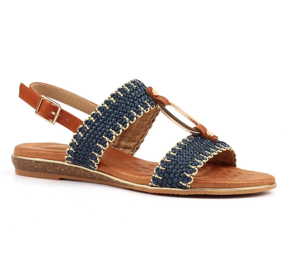 Thumbnail: Lunar Jules navy blue woven sandal angled side view showing decorative gold link detail.
