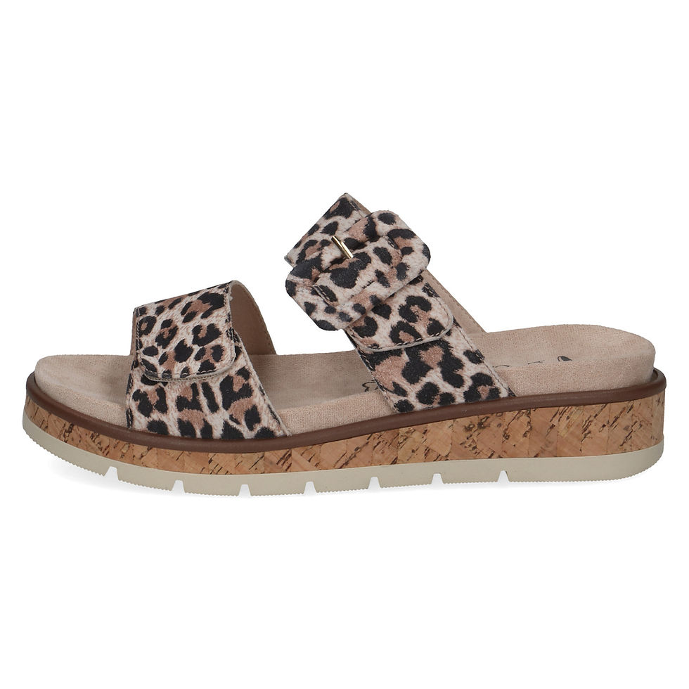Side angle view of Caprice Blue leopard print suede comfort slider with cork effect sole