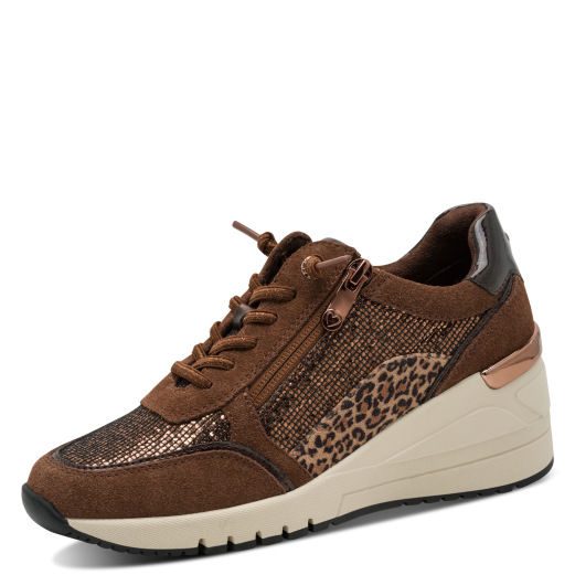 Women's Marco Tozzi Magana chocolate wedge trainer featuring rose gold zip and hidden wedge sole.