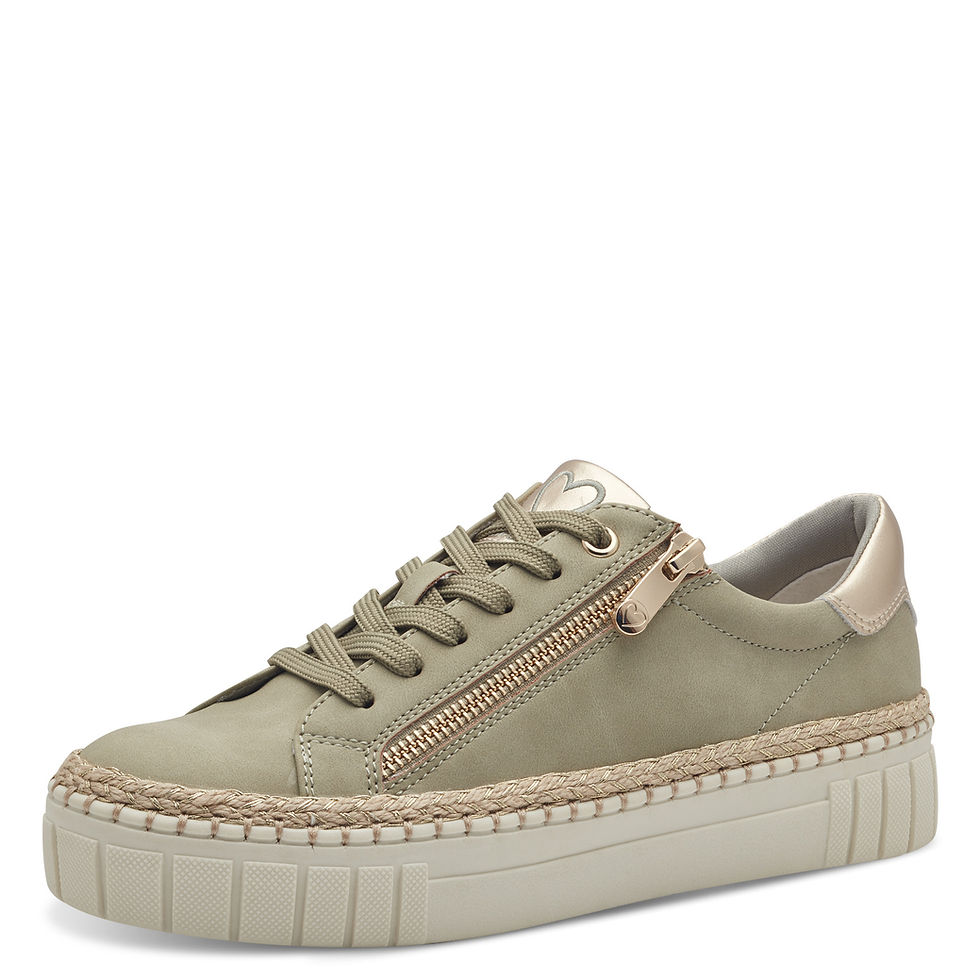 Three-quarter view of khaki platform trainer highlighting stitching and sole detail