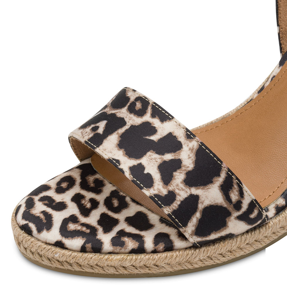 Thumbnail: Close-up of Tamaris Jasmine wedge sandal in leopard print textile with open toe and espadrille detailing