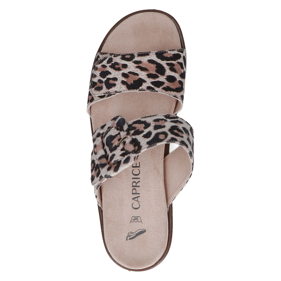 Thumbnail: Top angle view of Caprice leopard print slider showing adjustable velcro straps and soft footbed