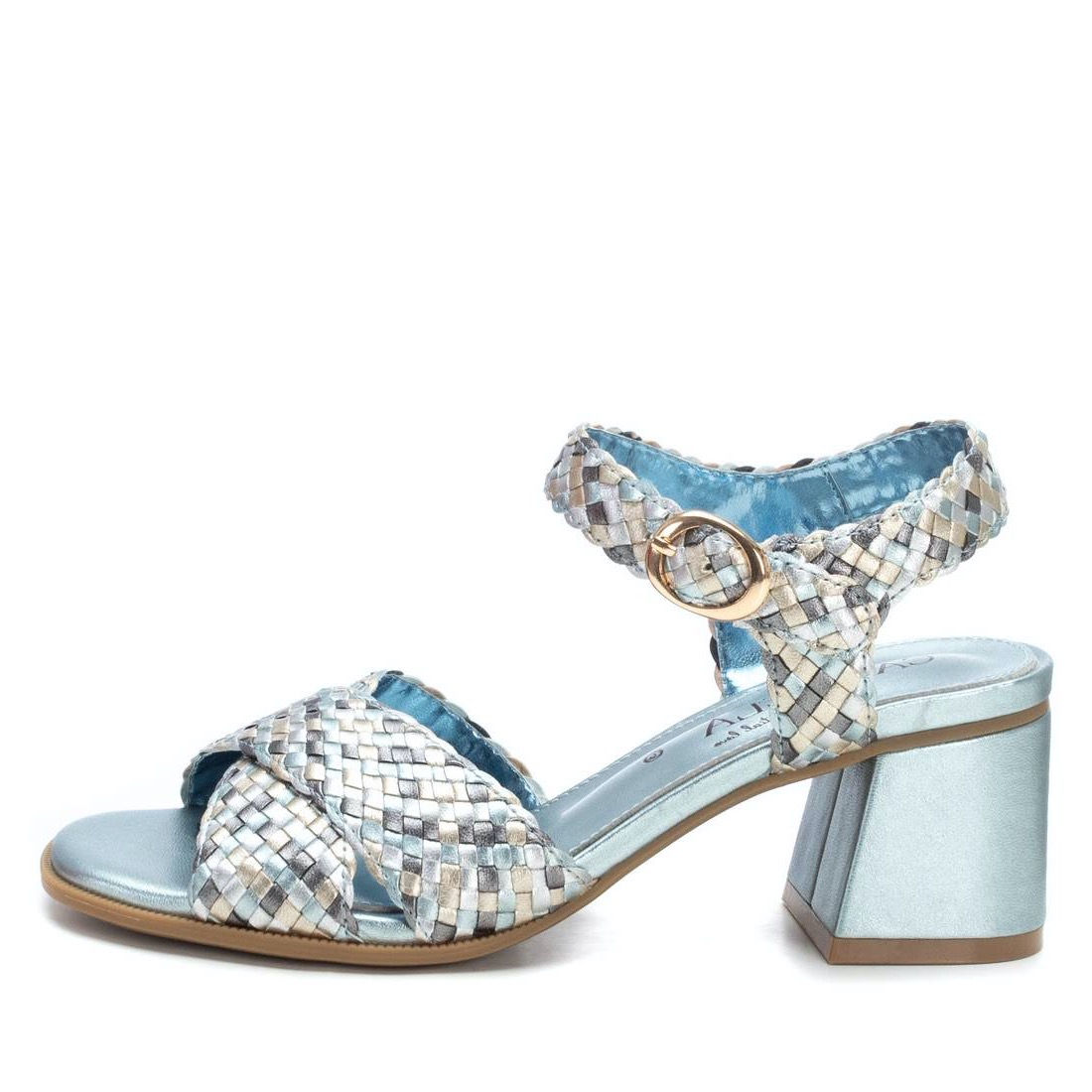 Carmela Olivia block heel sandal in blue metallic leather