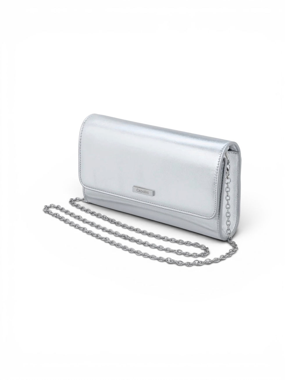 Side view ofCapollini Alma handbag shown with metal shoulder strap