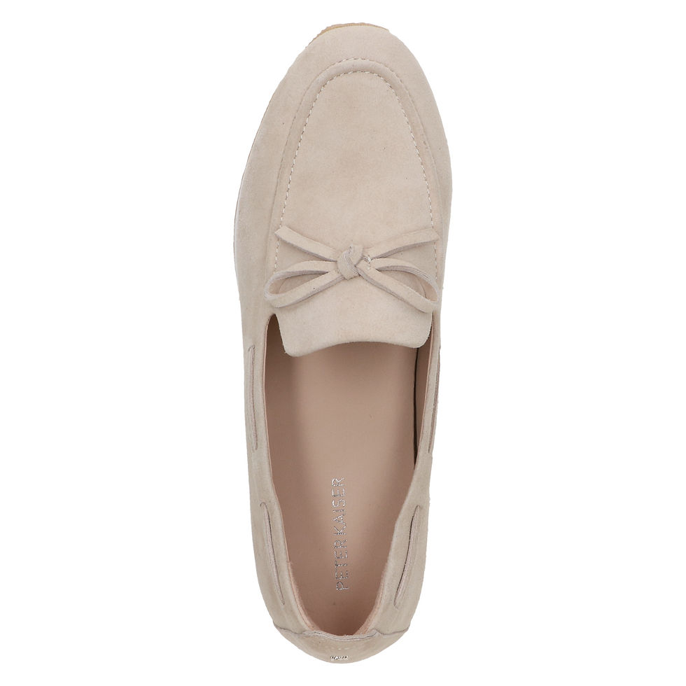 Thumbnail: Top view of Peter Kaiser Edmonton loafer in soft sand suede with stitched apron toe and bow detail