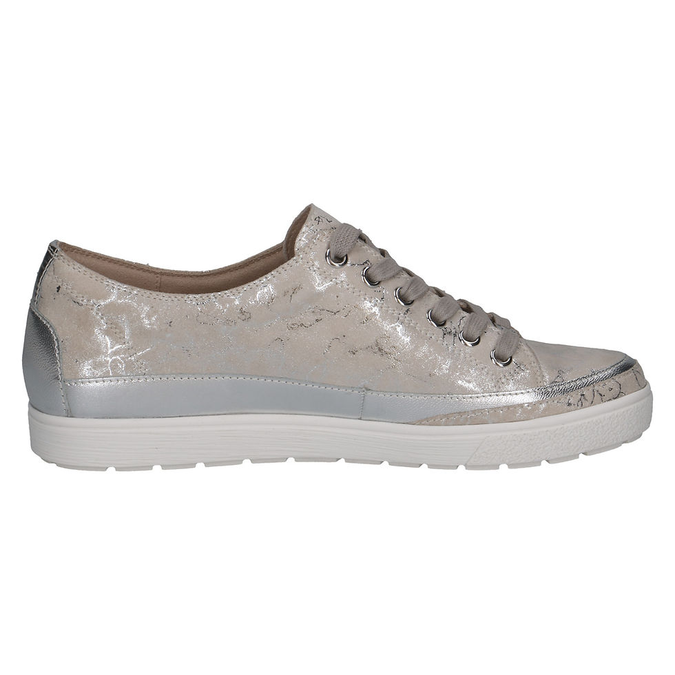 Thumbnail: Manou fashion sneaker in off-white and silver leather with modern sporty silhouette, metallic detailing and comfortable sole