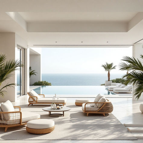 Modern open-air lounge with rattan furniture, palm plants, and ocean views.