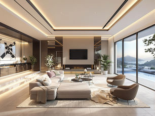 Luxuriöses modernes Wohnzimmer mit Bergblick und Terrasse am Pool.
