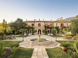 Elegant Mediterranean-style villa with a central fountain, lush landscaped gardens, and sun loungers, set against a backdrop of mountains under a clear blue sky.