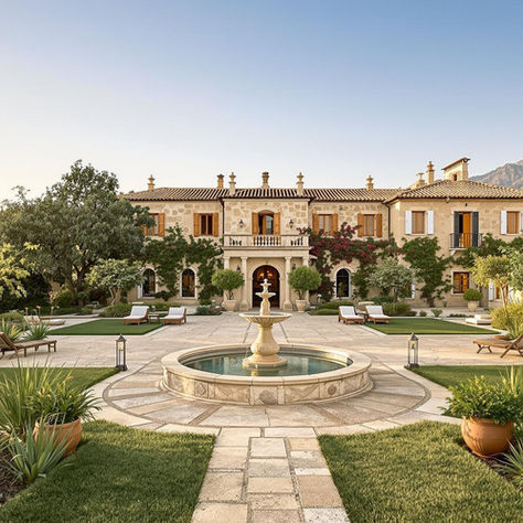 Elegant Mediterranean-style villa with a central fountain, lush landscaped gardens, and sun loungers, set against a backdrop of mountains under a clear blue sky.