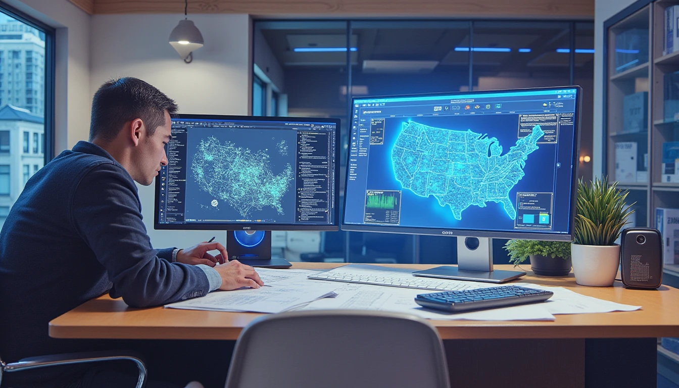 Futuristic scene of AI fraud detection in insurance, showcasing deepfake analysis, glowing alerts, and holographic tech in a modern office.