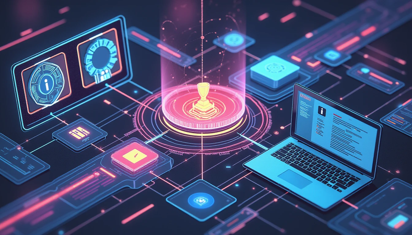 Futuristic neon-lit diagram of AI-driven fraud detection in insurance, showing interconnected data, security shields, and customer insights.