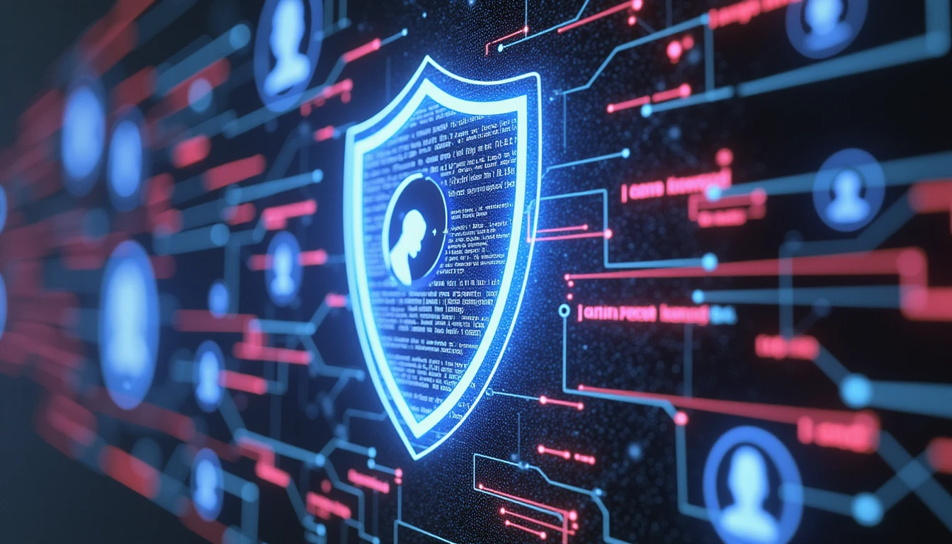 AI-powered digital shield protecting online dating users with neon-lit security grids, anomaly detection, and holographic fraud scanning.
