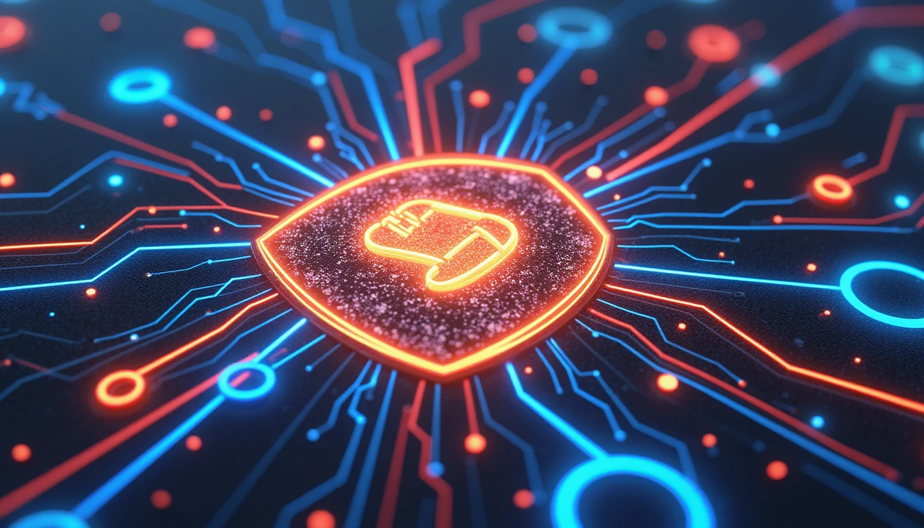 Futuristic abstract design symbolizing digital transformation in insurance, with glowing AI circuits, data nodes, and a central shield for security.