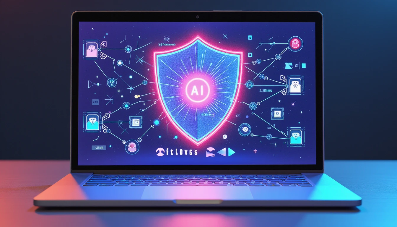 Futuristic AI-powered fraud detection in online dating, featuring a neon digital shield, AI nodes analyzing profiles, and security layers.