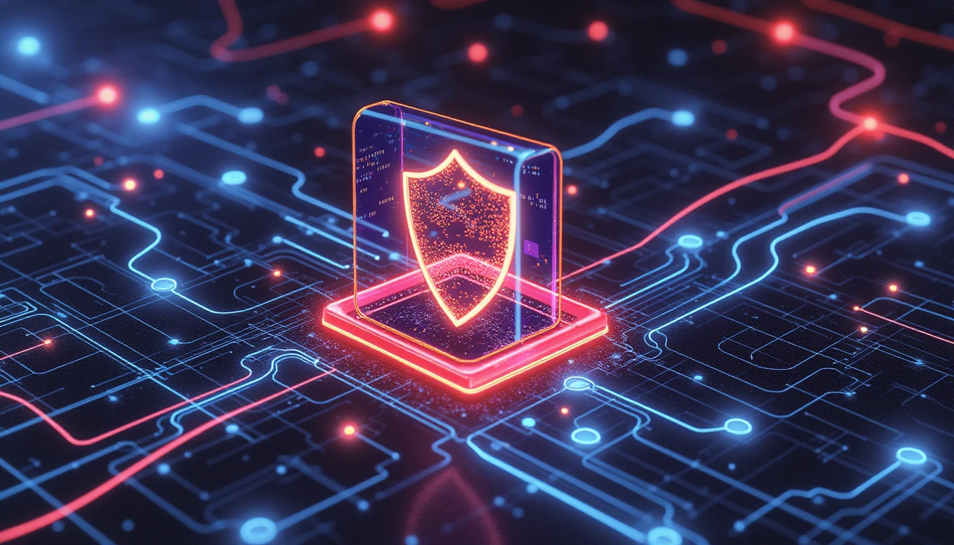 Futuristisches digitales Netzwerk mit miteinander verbundenen Knoten, Schildern und leuchtenden Datenströmen, das sicheres Online-Dating und Betrugsprävention symbolisiert.
