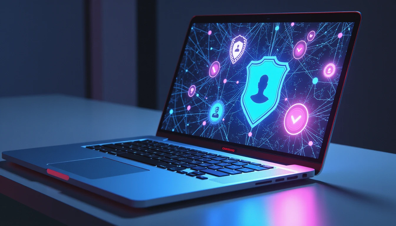 Futuristischer Neon-Leuchtschild zum Schutz von Benutzerprofilen beim Online-Dating, umgeben von Verifizierungssymbolen und KI-gestützten Knoten zur Betrugserkennung.