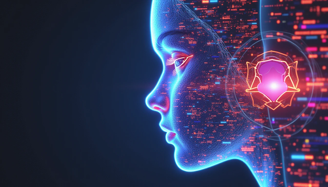 Futuristisches Neonglühen-Schild überlagert ein digitales Gesicht, symbolisiert KI-gestützte Betrugserkennung und biometrische Sicherheit in Online-Dating-Apps.