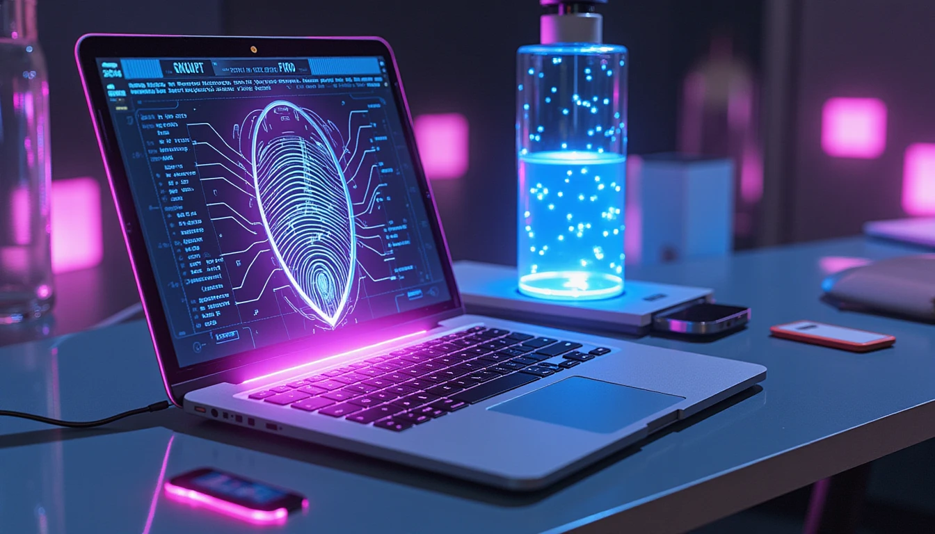 Futuristische digitale Landschaft mit neonfarbenen Sicherheitsschildern, biometrischen Scans und KI-gesteuerten Datenflüssen, die Vertrauen und Betrugserkennung symbolisieren.