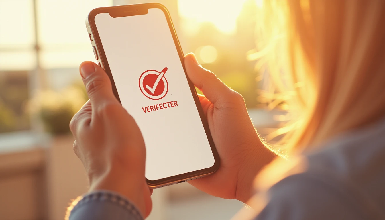 A hand holds a smartphone displaying a verified dating app profile, illuminated by warm golden sunlight, conveying security and trust.