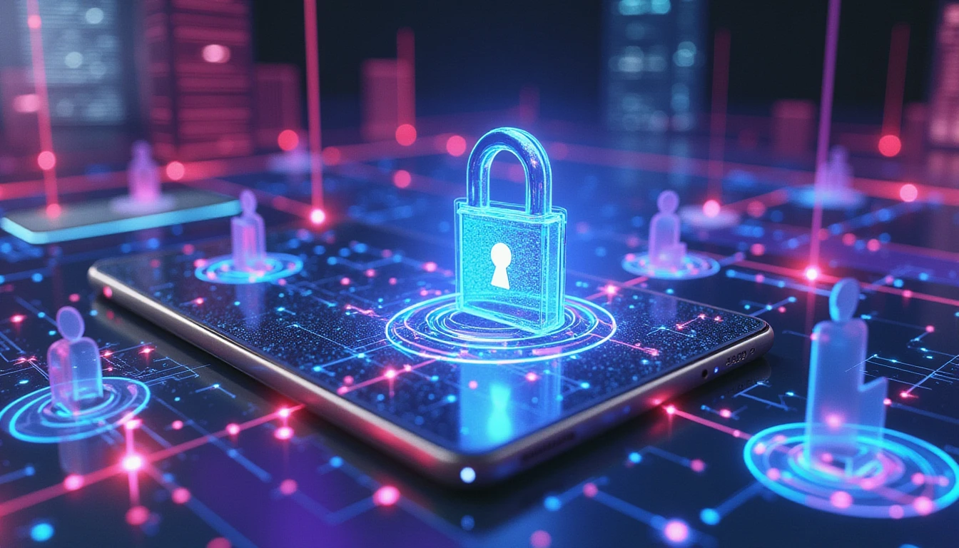 Futuristic online dating interface with neon-lit AI security analyzing profiles, detecting fraud, and visualizing a secure digital network.