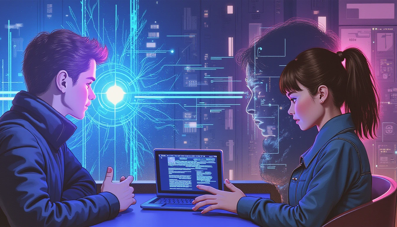 Ein neonbeleuchtetes digitales Schild schützt ein Paar auf einer sicheren, KI-gesteuerten Dating-Plattform, mit holografischen Überlagerungen, die in einer kybernetischen Stadtlandschaft nach Betrug scannen.
