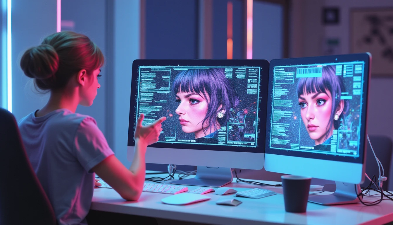 Hyper-detailed macro view of a futuristic insurance office with neon holograms analyzing deepfake media, cascading pixels, and distortion effects.