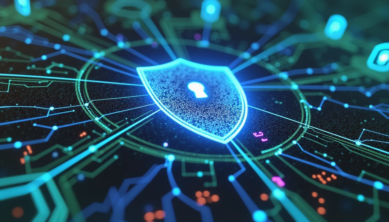 Futuristic digital networks with neon blue and green glows, shield icons, and AI-driven data analysis symbolizing secure insurance technology.